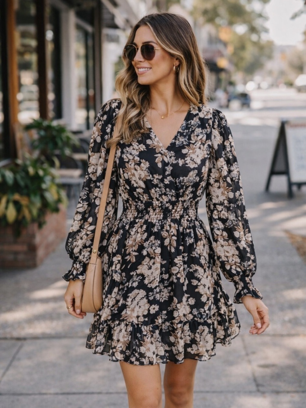 VICI Black Floral Smocked Waist Long Sleeve Mini Dress XS Ruffle Hem